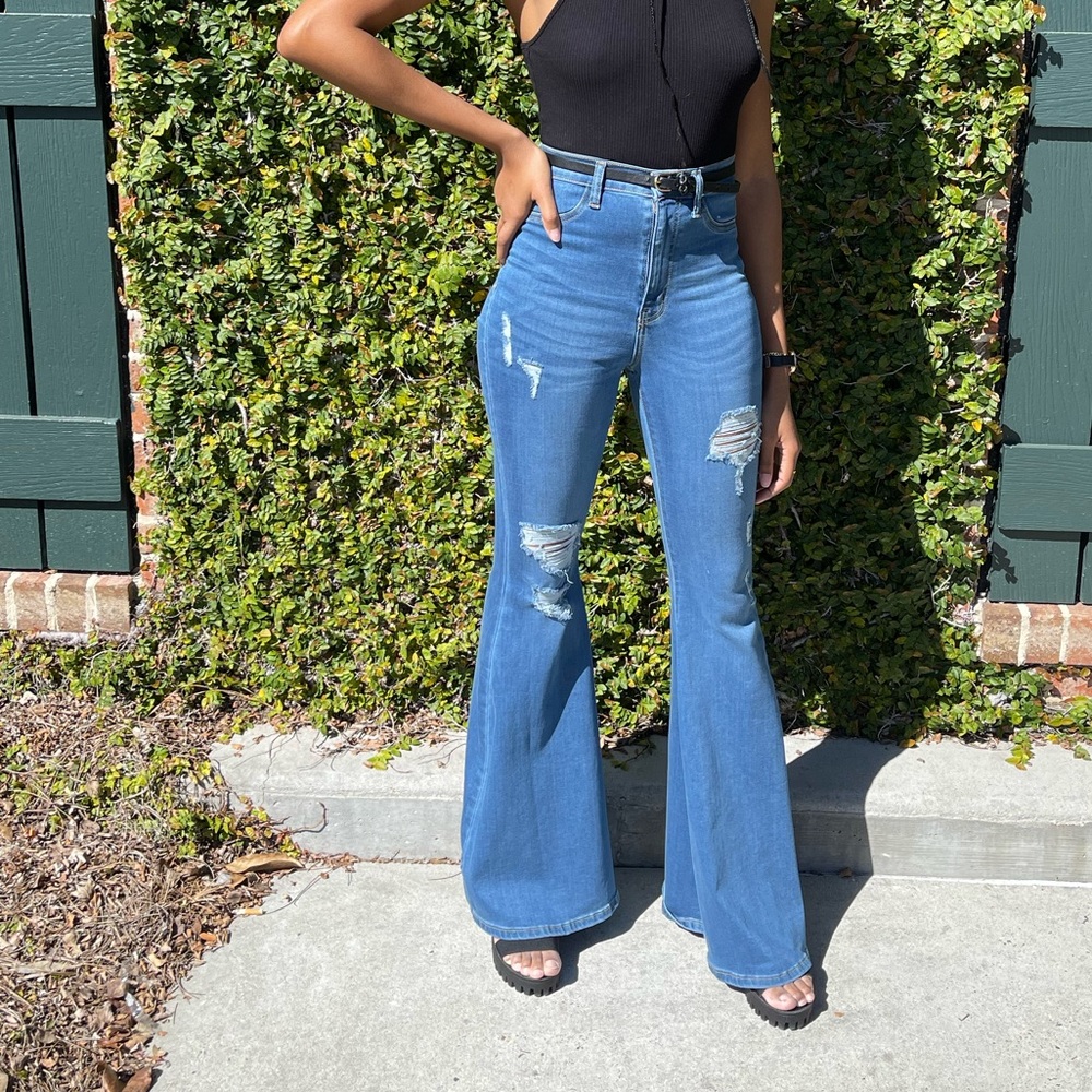 High waisted flare leg jeans.